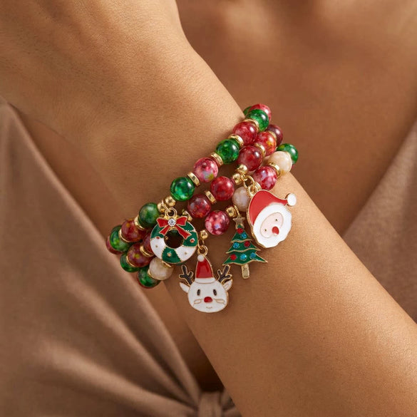 Holiday Red And Green Round Beaded Bracelets With Candy Cane And Snowflake Charms Handmade Alloy Heart Colorblock Unisex Fashion Wristbands