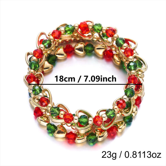 Holiday Red And Green Round Beaded Bracelets With Candy Cane And Snowflake Charms Handmade Alloy Heart Colorblock Unisex Fashion Wristbands