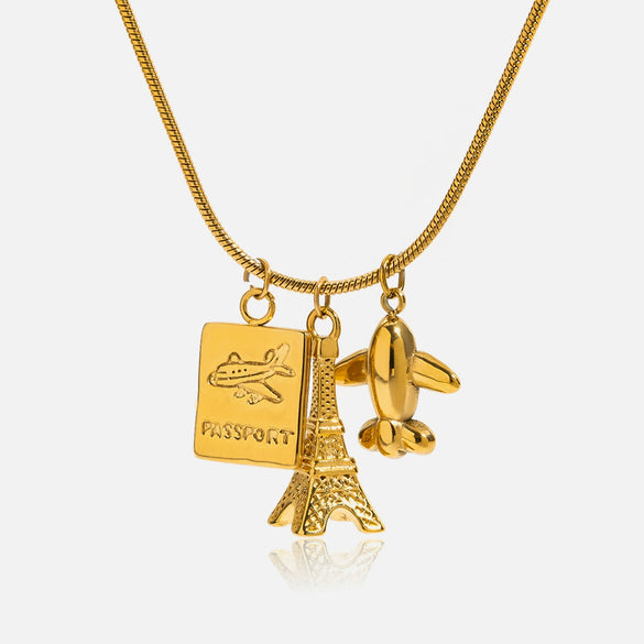 Holiday Style 18K Gold Plated Stainless Steel And Titanium Steel Geometric Eiffel Tower Airplane Pendant Necklace For Women