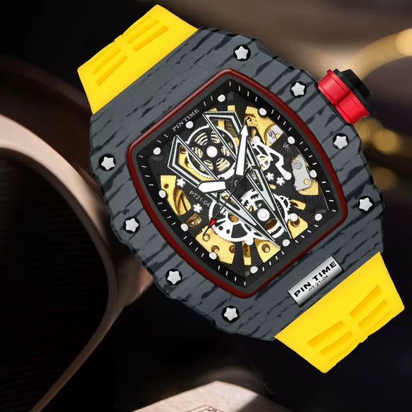 Hollow Automatic Mechanical Men's Watch With Square Dial Silicone Strap Metal Case And Coated Glass Mirror