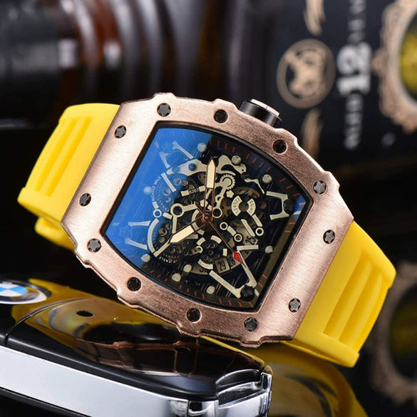 Hollow Barrel Shape Quartz Wrist Watch Fashion Business Style Rubber Strap Stainless Steel Clasp Pointer Display
