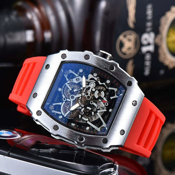 Hollow Barrel Shape Quartz Wrist Watch Fashion Business Style Rubber Strap Stainless Steel Clasp Pointer Display