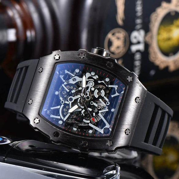 Hollow Barrel Shape Quartz Wrist Watch Fashion Business Style Rubber Strap Stainless Steel Clasp Pointer Display
