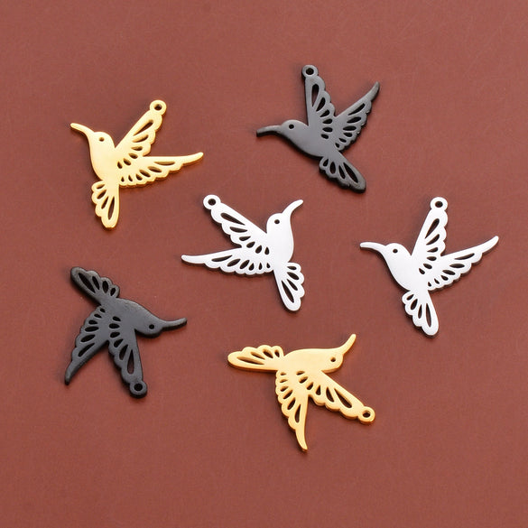 Hollow Hummingbird Stainless Steel Animal Pendant Doublesided Polished Electroplated Diy Jewelry Accessories
