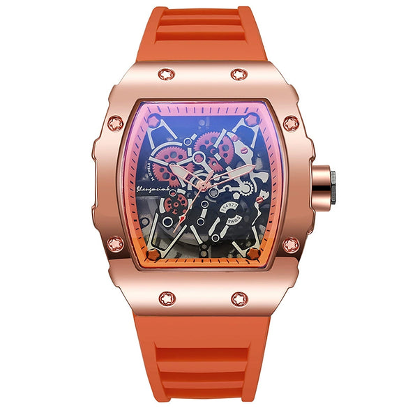Hollow Imitation Mechanical Fashion Sports Student Silicone Quartz Watch For Women With Barrel Shaped Dial And Alloy Case
