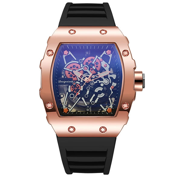 Hollow Imitation Mechanical Fashion Sports Student Silicone Quartz Watch For Women With Barrel Shaped Dial And Alloy Case