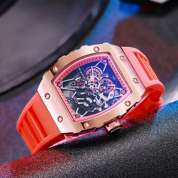 Hollow Imitation Mechanical Fashion Sports Student Silicone Quartz Watch For Women With Barrel Shaped Dial And Alloy Case