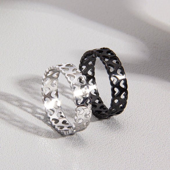 Hollow Love Heart Titanium Steel Ring For Men And Women Couple Rings Electroplated Hand Jewelry