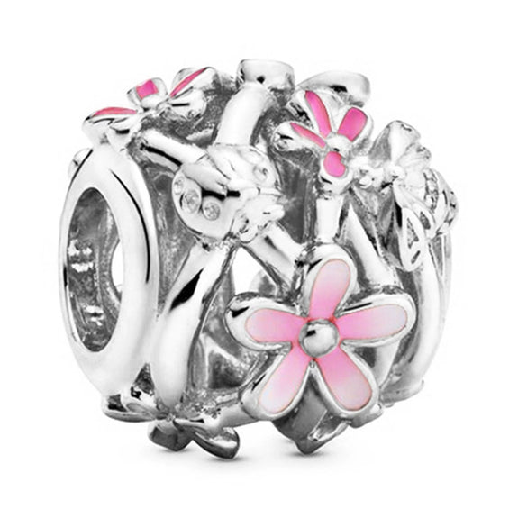 Hollow Pink Beaded Daisy Pendant Metal Jewelry Accessories With Electroplating And Totem Pattern For Female Diy Bracelet