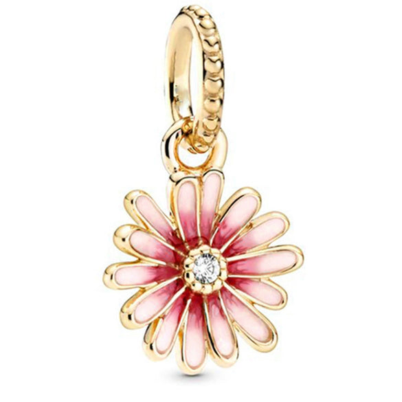 Hollow Pink Beaded Daisy Pendant Metal Jewelry Accessories With Electroplating And Totem Pattern For Female Diy Bracelet