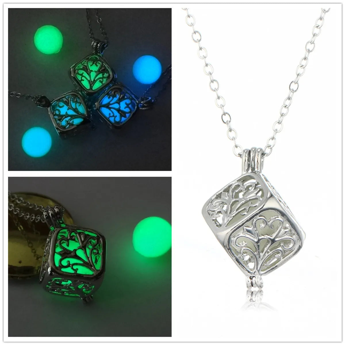 Hollow Square Life Tree Luminous Love Rubik's Cube Luminous Photo Box Bead Pendant Alloy Necklace Accessories