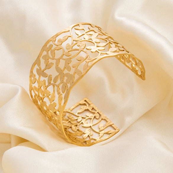 Hollow Stainless Steel 18K Gold Plated Wide Adjustable Leaf Bracelet