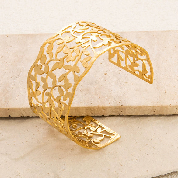Hollow Stainless Steel 18K Gold Plated Wide Adjustable Leaf Bracelet
