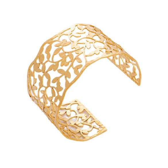 Hollow Stainless Steel 18K Gold Plated Wide Adjustable Leaf Bracelet