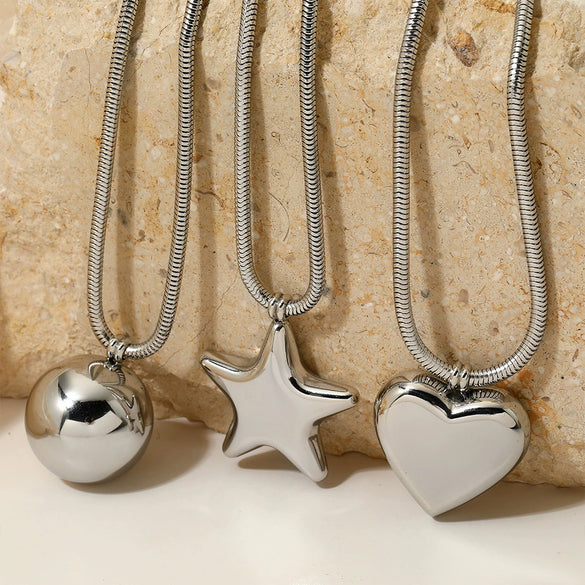 Hollow Stainless Steel Necklace With Electroplated Ball Love And Five Pointed Star Pendant On Snake Chain Heart Shaped And Geometric Pattern