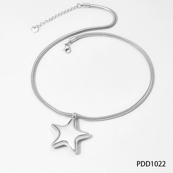 Hollow Stainless Steel Necklace With Electroplated Ball Love And Five Pointed Star Pendant On Snake Chain Heart Shaped And Geometric Pattern