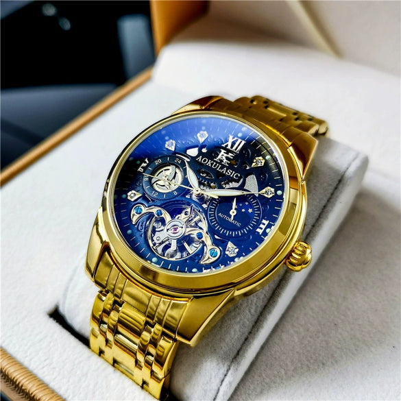 Hollowout Automatic Mechanical Men's Watch With Flywheel Waterproof Luminous Moon Phase Multifunction Fine Steel Strap Alloy Case Mineral Reinforced Glass Mirror Round Dial