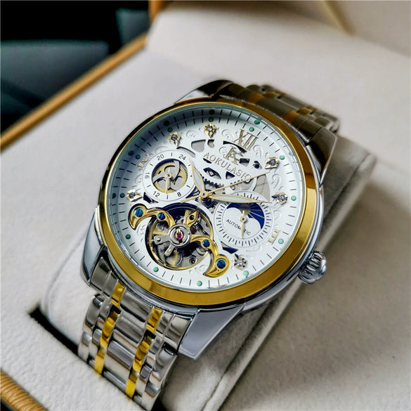 Hollowout Automatic Mechanical Men's Watch With Flywheel Waterproof Luminous Moon Phase Multifunction Fine Steel Strap Alloy Case Mineral Reinforced Glass Mirror Round Dial