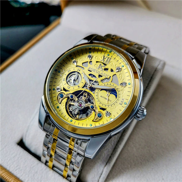 Hollowout Automatic Mechanical Men's Watch With Flywheel Waterproof Luminous Moon Phase Multifunction Fine Steel Strap Alloy Case Mineral Reinforced Glass Mirror Round Dial
