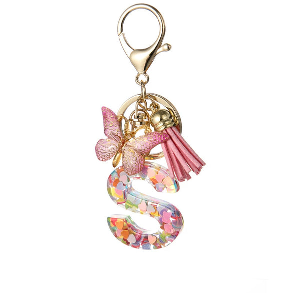 Hot Pink Sequins Resin Keychain With Butterfly Tassel And 26 Letters Jewelry Accessories For Girlfriend