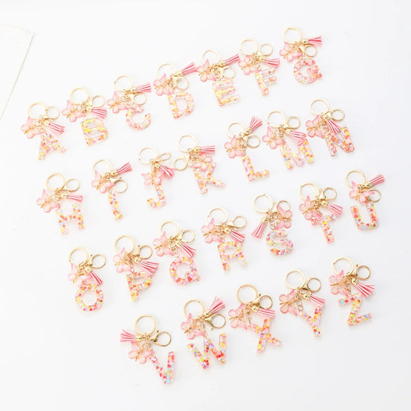 Hot Pink Sequins Resin Keychain With Butterfly Tassel And 26 Letters Jewelry Accessories For Girlfriend