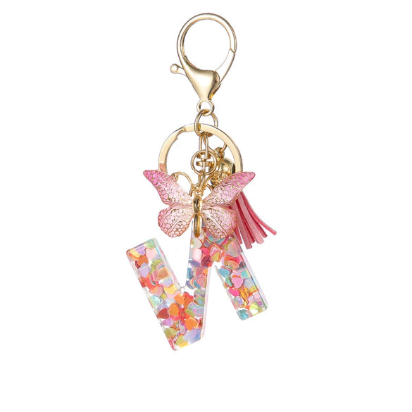 Hot Pink Sequins Resin Keychain With Butterfly Tassel And 26 Letters Jewelry Accessories For Girlfriend