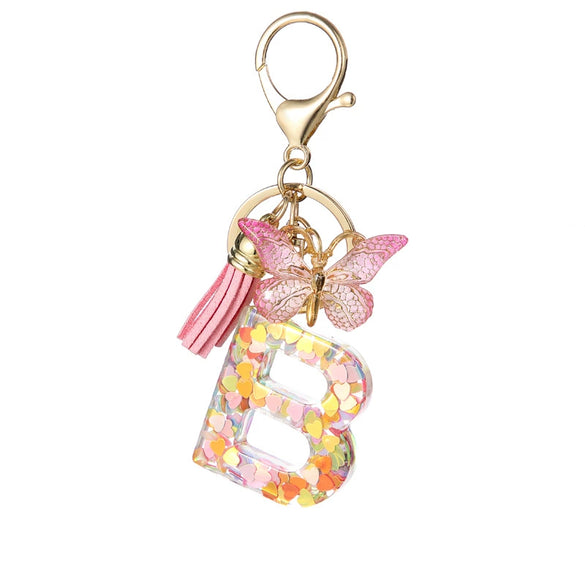 Hot Pink Sequins Resin Keychain With Butterfly Tassel And 26 Letters Jewelry Accessories For Girlfriend
