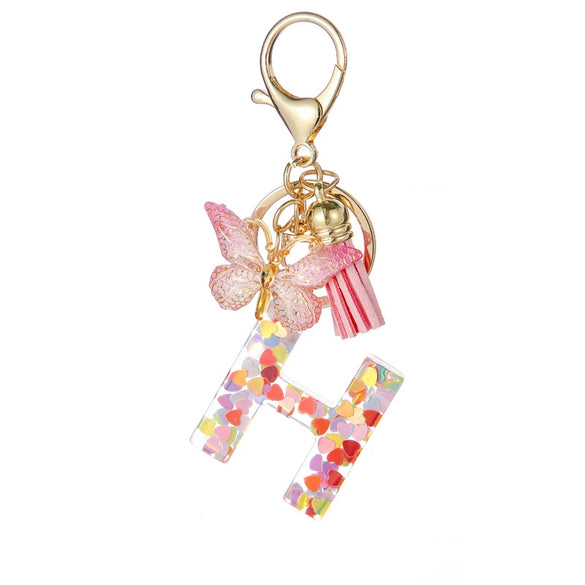 Hot Pink Sequins Resin Keychain With Butterfly Tassel And 26 Letters Jewelry Accessories For Girlfriend