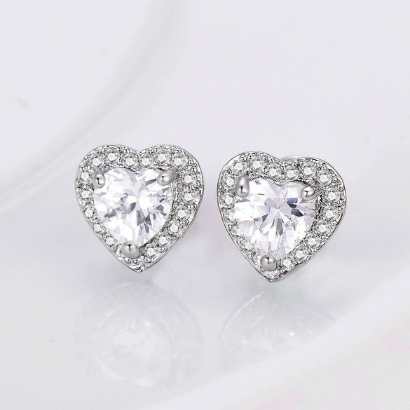 Hot Pink Zircon Heart Shaped Copper Earrings For Women In Ins Light Luxury Style