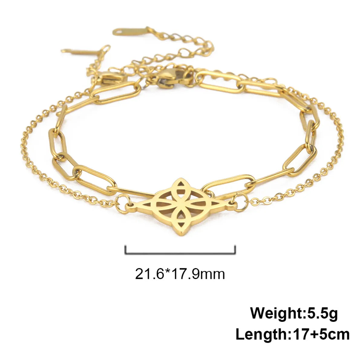 Hot Sale Double-layer Twin Welding With Cross Chain Combination Hollow Four-petal Leaf Small Round Pendant 304 Stainless Steel Bracelet