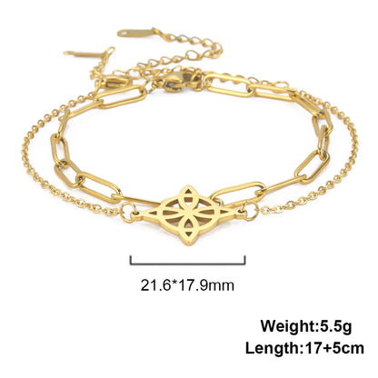 Hot Sale Double-layer Twin Welding With Cross Chain Combination Hollow Four-petal Leaf Small Round Pendant 304 Stainless Steel Bracelet