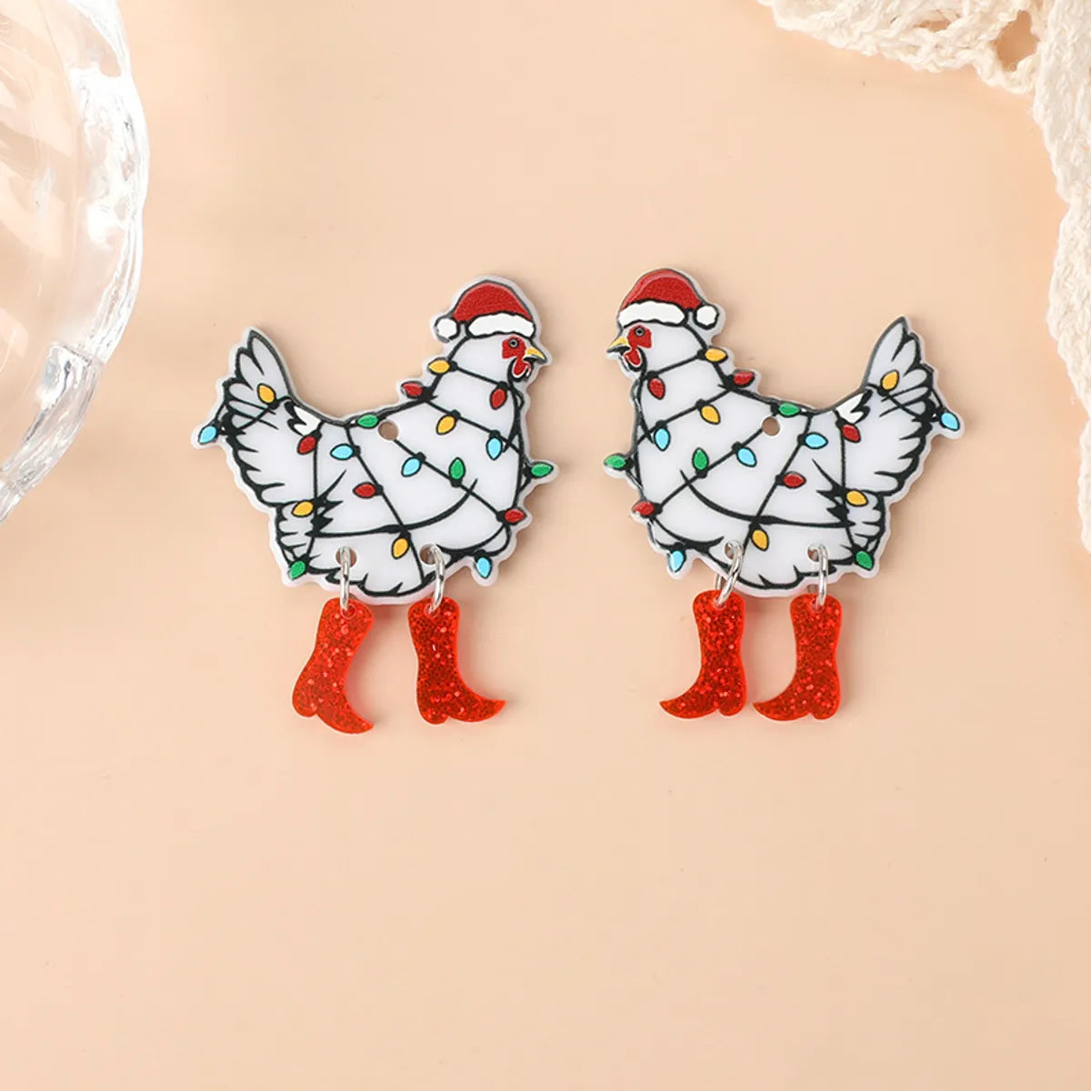 Hot Sale Double-Sided Acrylic Creative Christmas Chicken Earrings Necklace Keychain Pendant Chicken Positive And Negative