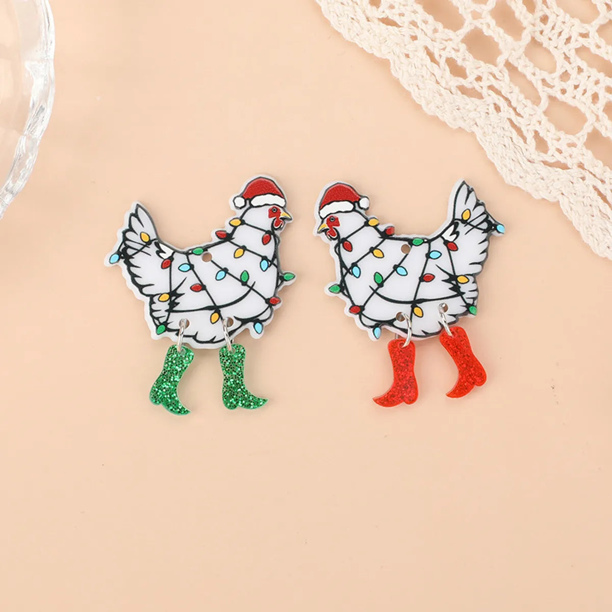 Hot Sale Double-Sided Acrylic Creative Christmas Chicken Earrings Necklace Keychain Pendant Chicken Positive And Negative