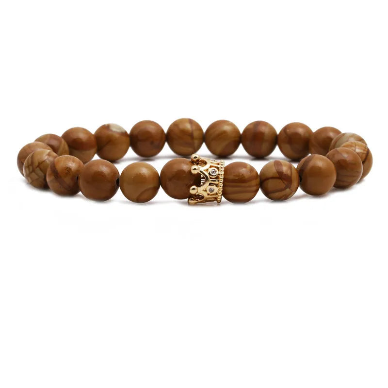 Hot Sale Matte Stone Agate Wood Grain Stone Micro Zirconium Crown Couple Bracelet Wholesale Nihaojewelry