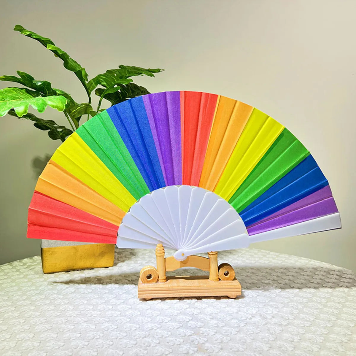 Hot Sale Rainbow Folding Fan Plastic Fan Frame Elegant Dance Fan Shooting Tool Craft Gift Fan Cloth Surface Fan