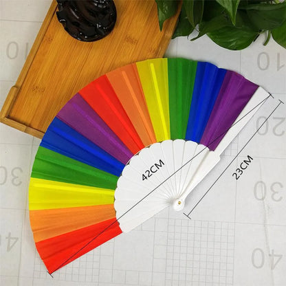 Hot Sale Rainbow Folding Fan Plastic Fan Frame Elegant Dance Fan Shooting Tool Craft Gift Fan Cloth Surface Fan