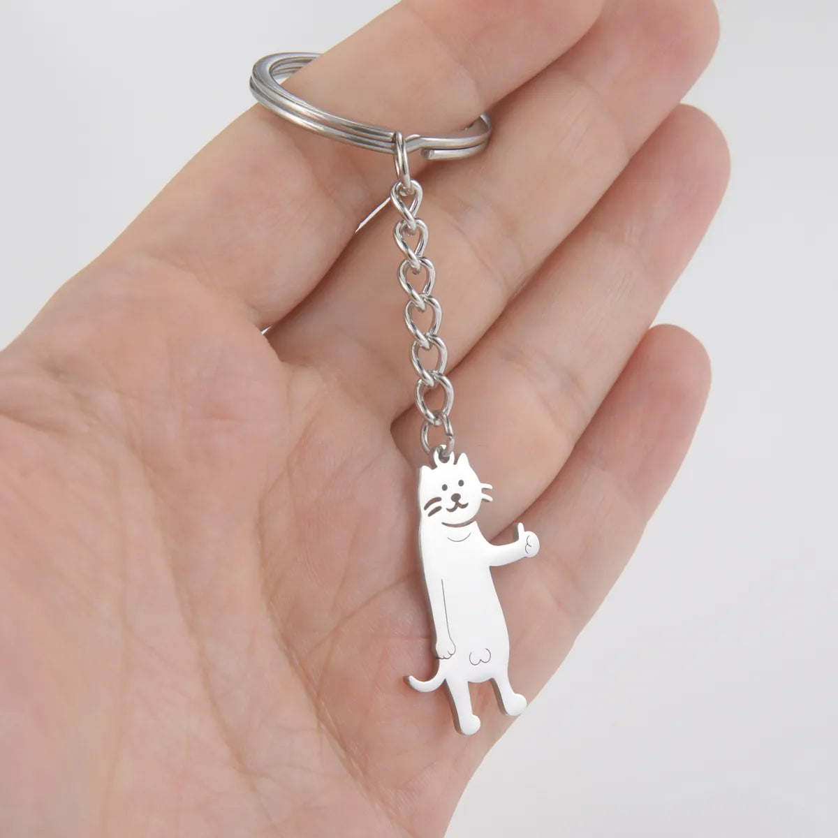 Hot Selling Cartoon Titanium Steel Cut Cute Thumbs-Up Kitten Pendant 304 Material Stainless Steel Key Ring