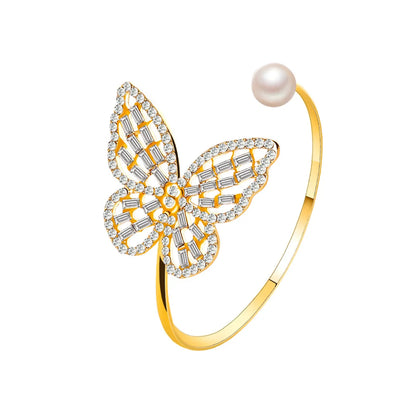 Hot-selling Versatile Hollow Zircon Butterfly Exaggerated Pearl Crystal Opening Adjustable Bracelet