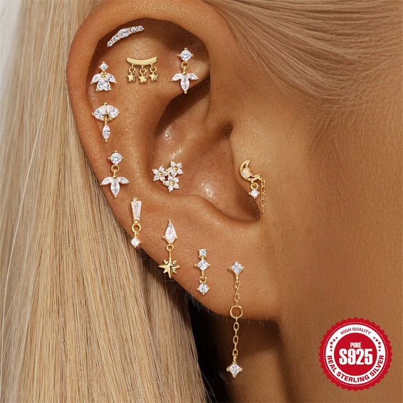 Hotselling Luxury S925 Sterling Silver Clover Tassel Splicing Geometric Cartilage Piercing Earrings With Zirconia Design