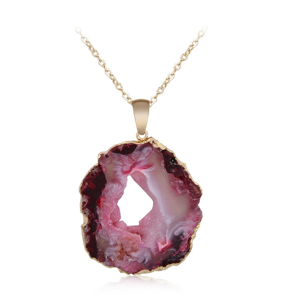 Hotselling Natural Stone Crystal Bud Pendant Electroplated Edge Stripe Color Agate Crystal Cave Original Stone Slice Necklace