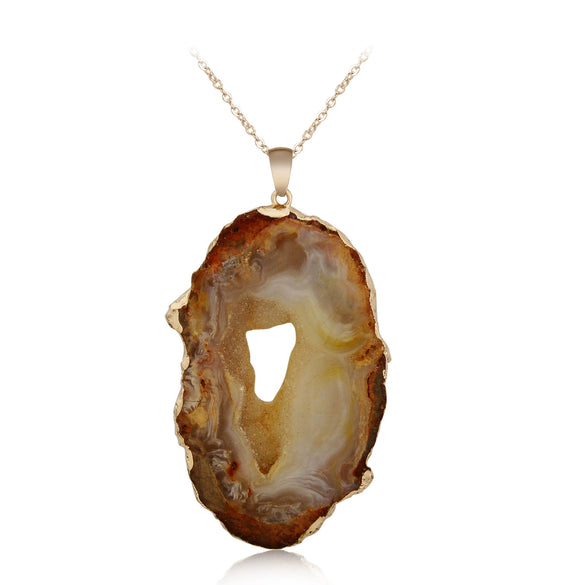 Hotselling Natural Stone Crystal Bud Pendant Electroplated Edge Stripe Color Agate Crystal Cave Original Stone Slice Necklace