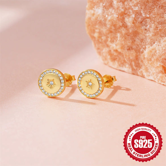 Hotselling 925 Sterling Silver Round Geometric Diamond Stud Earrings With Flower Pattern And Electroplating For Women