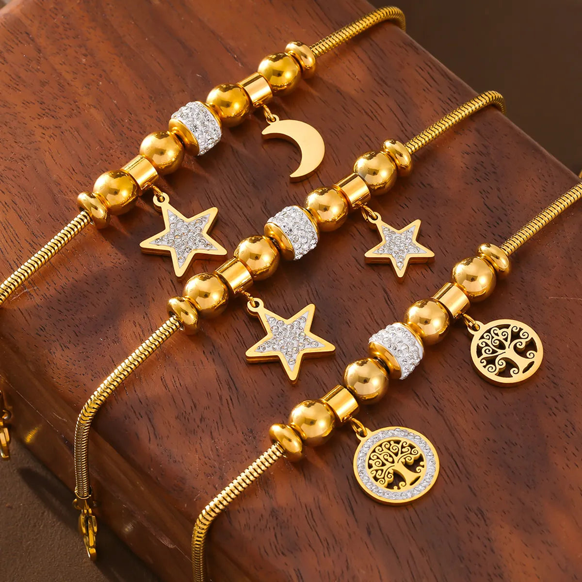 IG Style Artistic Star Moon Life Tree 304 Stainless Steel 18K Gold Plated Rhinestones Bracelets In Bulk