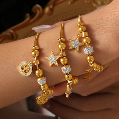 IG Style Artistic Star Moon Life Tree 304 Stainless Steel 18K Gold Plated Rhinestones Bracelets In Bulk