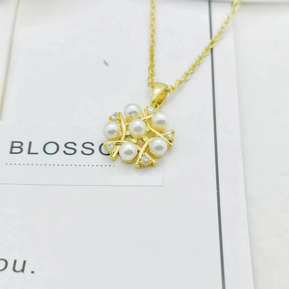 Ig Style Bamboo Flower Fish Tail Titanium Steel 18k Gold Plated Pearl Zircon Pendant Necklace In Bulk