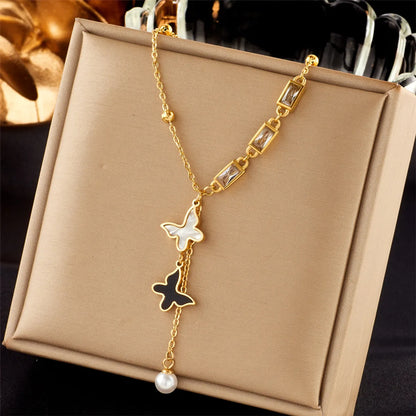 Ig Style Basic Star Moon Bow Knot Titanium Steel Enamel Plating Rhinestones Pendant Necklace