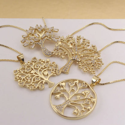 Ig Style Basic Streetwear Tree Copper Gold Plated Zircon Pendant Necklace In Bulk