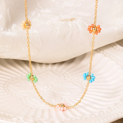 Ig Style Bohemian Sweet Flower Plastic Copper Beaded Handmade Plating 18k Gold Plated Necklace