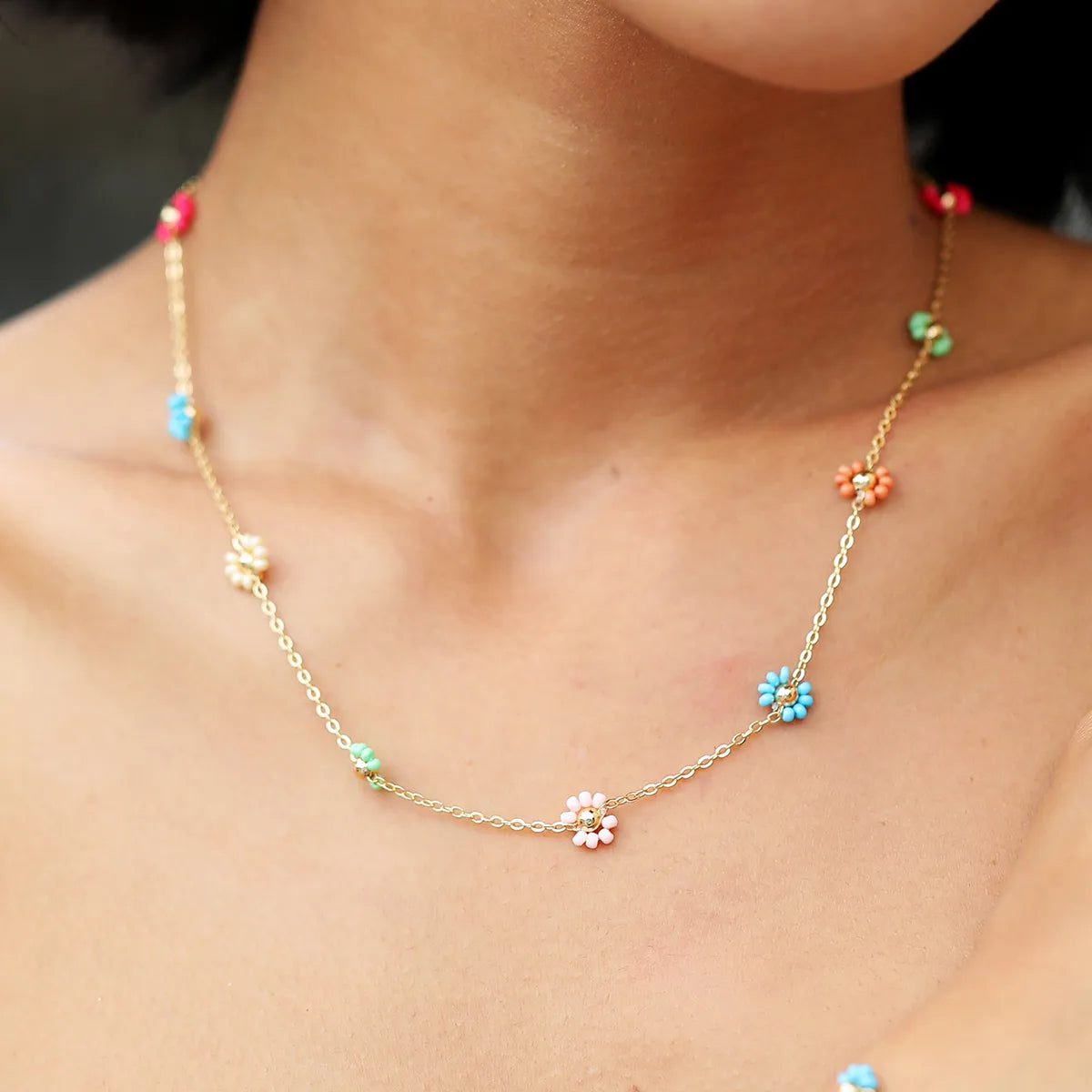 Ig Style Bohemian Sweet Flower Plastic Copper Beaded Handmade Plating 18k Gold Plated Necklace