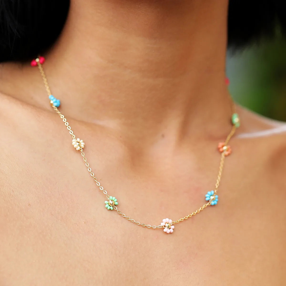 Ig Style Bohemian Sweet Flower Plastic Copper Beaded Handmade Plating 18k Gold Plated Necklace